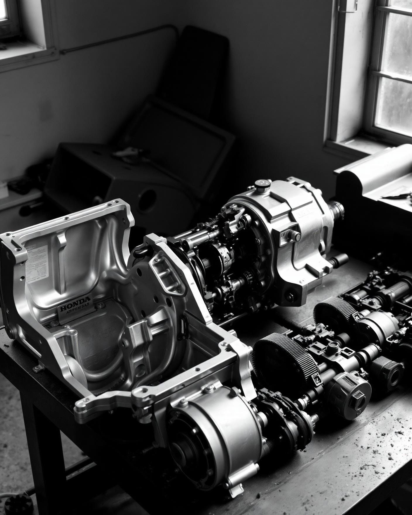 A Honda automatic transaxle stripped down to the bare case with its internals laid out on the bench